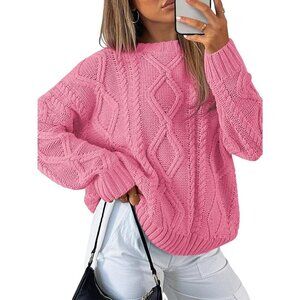 Women's Trendy Rose Pink Sweaters Shirt Style Winter Cozy Cable Knit Crewneck